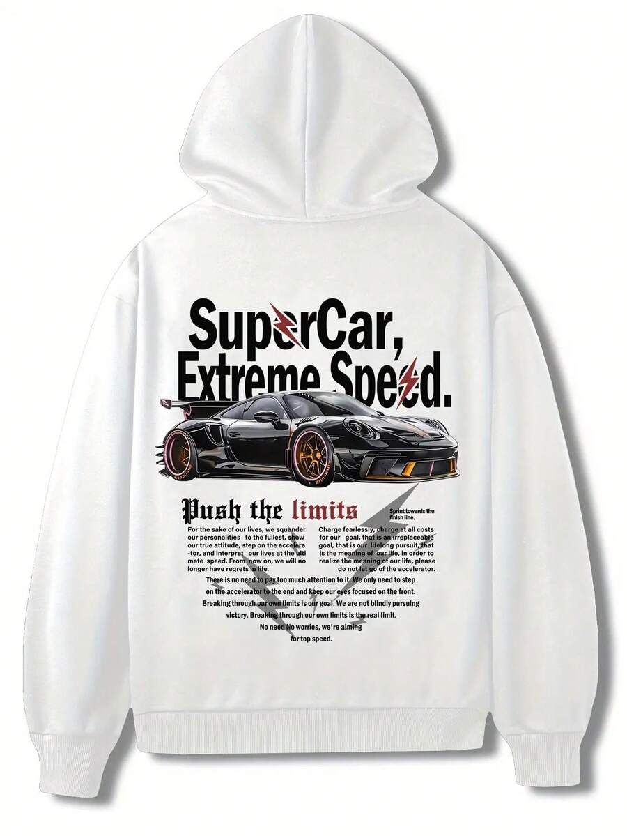 Sudadera con Capucha de Patrón de Coche Deportivo para Hombre - Sudadera Casual Cálida con Cordón, Mezcla de Poliéster, Lavable aáquina - Elección Perfecta para Otoño e Invierno - Blanco - Ver 1