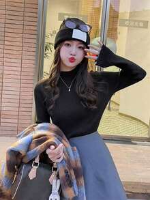 Women's Elegant Basic Sweater, Half-Turtleneck Long Sleeve Knit Top For Autumn/Winter - Black - View 6