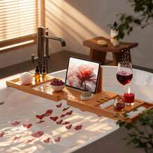 Retractable Bamboo Bathtub Caddy,Bathroom Caddy For Bathside Entertainment & Storage,Bathroom Tray For Tub Side Dining & Device Viewing, Minimalist Look