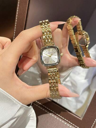 1 件金色/银色方形设计不锈钢表带复古优雅女士手表，时尚简约休闲，适合日常佩戴