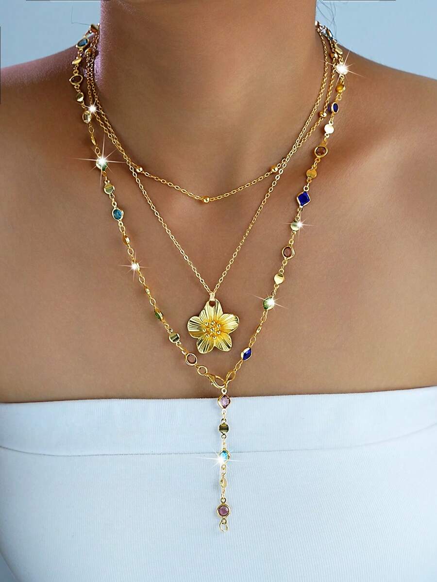 2 pièces Pendentif floral minimaliste à la mode, collier Y avec cristaux colorés brillants. Collier superposé pour femmes, convient pour les vacances, les rendez-vous, les fêtes, les festivals, les anniversaires et le port quotidien
