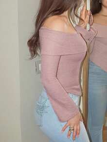 DAZY Women's Casual Off-Shoulder Solid Color T-Shirt, Spring & Autumn,Back To School Clothes Long Sleeve Women Tops,Fall Women Clothes