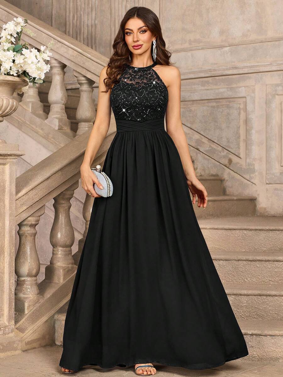MIUSOL Đầm maxi dự tiệc trang trọng, hở lưng, xếp ly, chất liệu chiffon đính sequin và ren hoa, thích hợp cho khách dự đám cưới, lễ tốt nghiệp, tiệc chiêu đãi và các dịp khác, màu đen mùa xuân, thích hợp cho ngày Valentine.