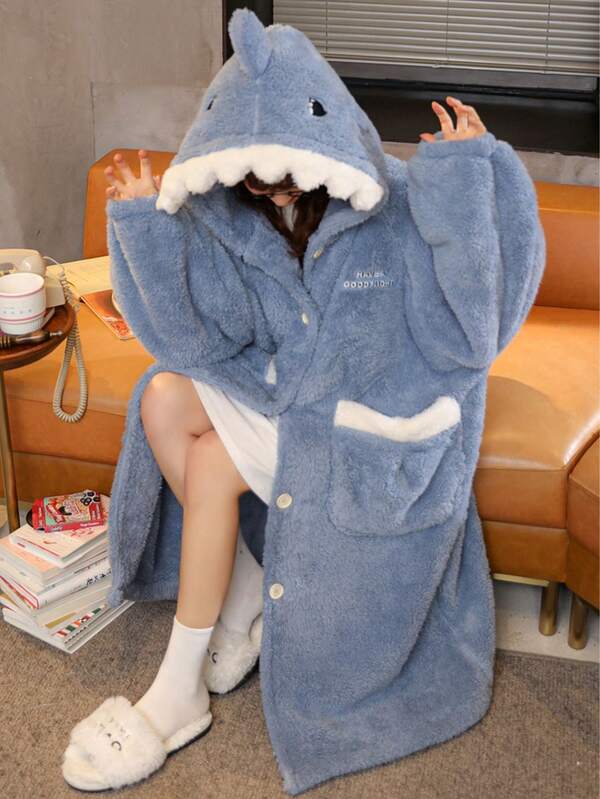 Women's Cozy Shark Themed Coral Fleece Robe - Cute, Thick, Warm Winter Loungewear With Pockets,Comfortable Flannel, A Must-Have For Halloween And Christmas, Nightgown, Warm And Cold-Proof
