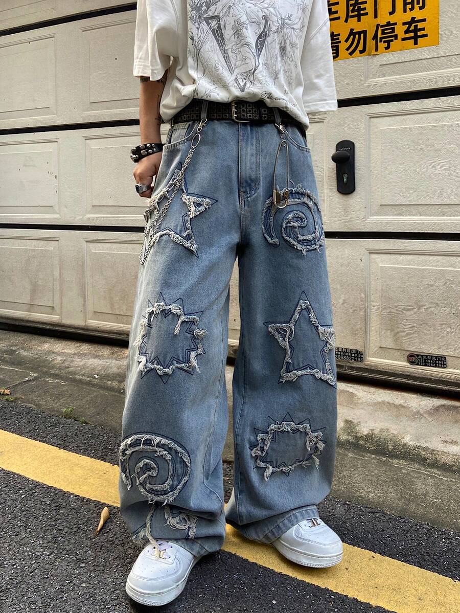 Justice Brother 1pc Korean Style Niche Fashion Personalized Patchwork Embroidery Men's Denim Jeans Casual Loose Wide Leg Long Pants (Belt/Accessories Not Included) - Blue - View 1