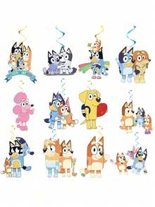 Bluey ديكور حفلة عيد ميلاد بلوي الجميلة، ديكور حفلة عيد ميلاد أو زفاف بانر ملون مع أعلام وهدايا بشخصيات كرتونية من بينجو هيلر وكوكو