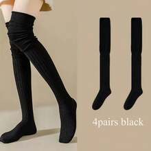 4 双女式及膝袜 - 高弹力薄款长筒纯色涤纶长袜，四季可机洗，适合户外休闲装，多种袜子款式，高弹力材质
