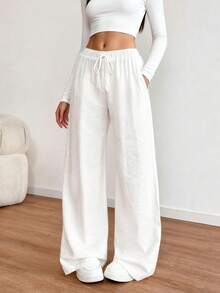 Women's Casual Versatile Solid Color Wide Leg Pants Fall Cloth For Womenwith A Stylish Fake Drawstring And Pockets - White - View 1
