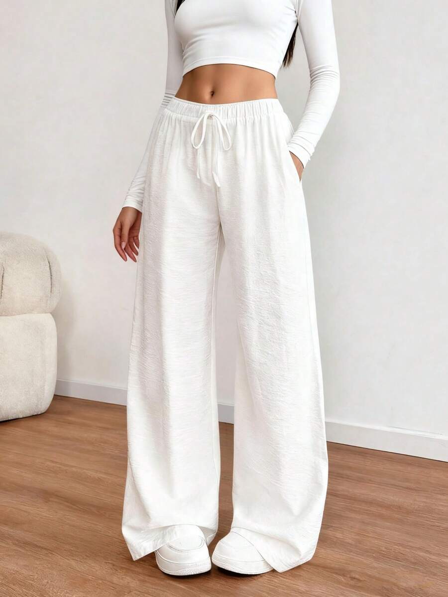 Women's Casual Versatile Solid Color Wide Leg Pants Fall Cloth For Womenwith A Stylish Fake Drawstring And Pockets - White - View 1
