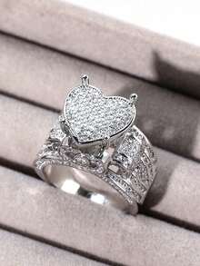 1 件女士 CZ 镶嵌心形戒指，复古全铺镶水钻爱情戒指，独特设计 - 彩色 - 查看 8