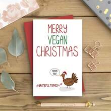1pc Merry Vegan Christmas Card – Funny Turkey Greeting With Santa Hat, Festive Red & Green Design, Perfect For Family & Friends - Multicolor - View 1