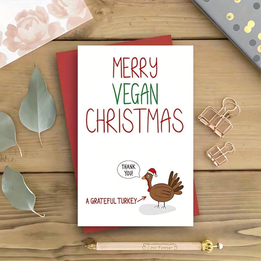 1pc Merry Vegan Christmas Card – Funny Turkey Greeting With Santa Hat, Festive Red & Green Design, Perfect For Family & Friends - Multicolor - View 1