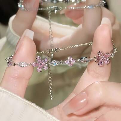1 pieza Elegante pulsera con decoración de flor de Sakura rosa y cristales, adecuada para uso diario, festivales y fiestas de mujeres
