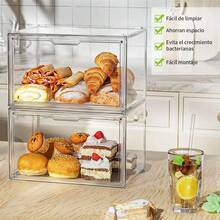 Paquete de 2 cajas de pan grandes para encimera de cocina, contenedor de almacenamiento de pan grande apilable, para pan, bagel, magdalenas - transparente - Ver 5