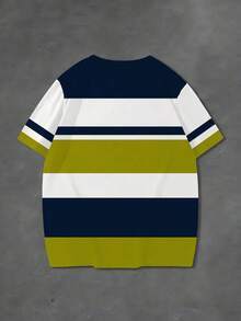 Plus Size Men's Casual Round Neck T-Shirt, Polyester Knit Fabric, Comfortable & Breathable, Fashion Contrast Color Plaid Print, Casual Street Striped Plaid Contrast Color Patchwork Design, Novelty Personalized Top - Multicolor - View 3