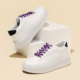 5cm Platform White Casual Sneakers, Suitable For Halloween, Women Thick Sole Shoes, Cute Low-Top Shoes, Comfortable & Fashionable Athletic Shoes, Elegant & Chic Solid Color Lace-Up Shoes For Petite Women, All Season