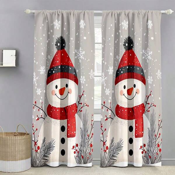 2 piezas Cortinas con patrón de muñeco de nieve adorable, cortinas de poliéster que filtran la luz con diseño encantador para decorar ventanas de invierno en el hogar, cortinas con bolsillo para vara para la sala de estar y el dormitorio