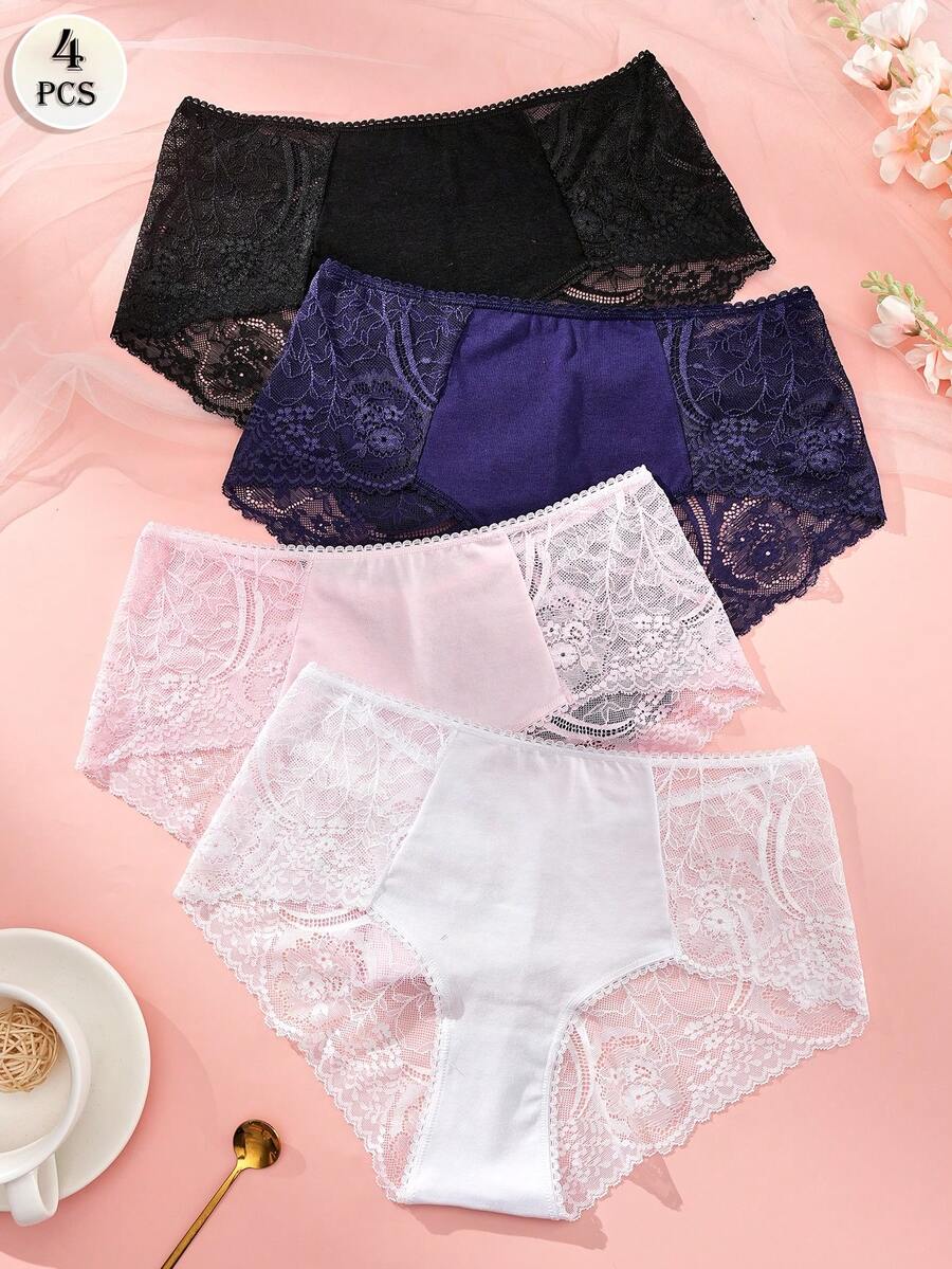 APRSEA 4Pcs Women's Sexy Lace-Panel Fashionable Minimalist Comfortable Women's Thong Panties - Multicolor - View 1