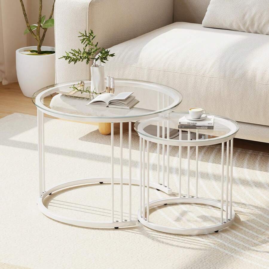 Nesting Coffee Table, 23.6" Round Coffee Table Set Of 2, Glass Nesting Table With Metal Frame, Ceter Tables For Living Room Bedroom Balcony - 白色 - 查看 1