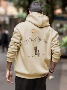GRDR Men's Mountain Print Long Sleeve Casual Drawstring Hooded Sweatshirt With Pockets - Apricot - View 3