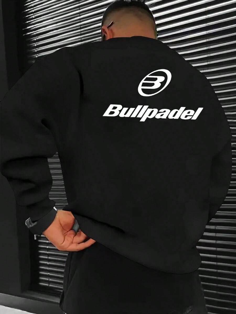 Braddock Print Casual Round Neck Sweatshirt, Y Long Sleeve Pullover Hoodie, Crew Neck Base Layer Sweater,Fall Hoodies,Men's Fall Clothes,Street Wear,Halloween,Mens Hoodies,Y2k Clothes,Jesus Hoodie,Thanksgiving Day,Nightmare Before Christmas,Christmas - 黑色 - 查看 1