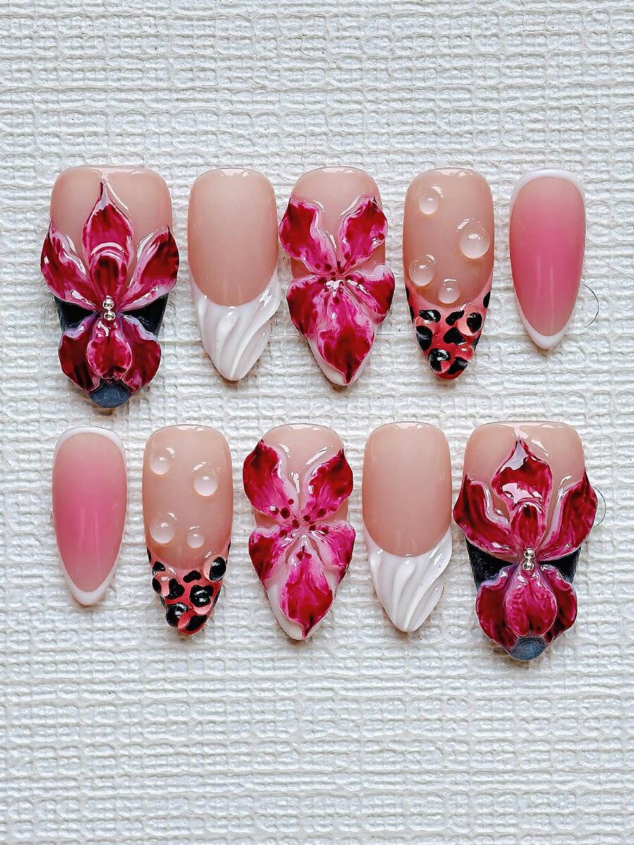 Elegant Mysterious Press On Nails Almond Medium Long 10Pcs - Black And White French Tip With Red Gradient 3D Florals & Crystal Silver Bead Water Drops - Vampire's Feast Nail Art Kit Reusable With Nail Glue & File - Goth Halloween Christmas Nail Supplies - Multicolor - View 1