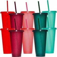 10/20/30 Pack Fashionable Plastic Cup 5 Dark Color Glitter  With Lids And Green Straws-24oz Reusable Plastic Cup, Portable And Watertight, Suitable Party And Outdoor Entertainment Fit Adults, Women, Party, Halloween Gifts Summer Beaches, Weddings, Offices, Picnics, Take Photos - 5色閃粉 - 查看 2