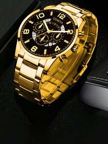 3 件套：简约指针圆形金色日历石英表，金色十字架吊坠项链和手链，不锈钢表带日历表盘设计，适合作为圣诞礼物，适合日常佩戴，生日派对 - 金色 - 查看 3