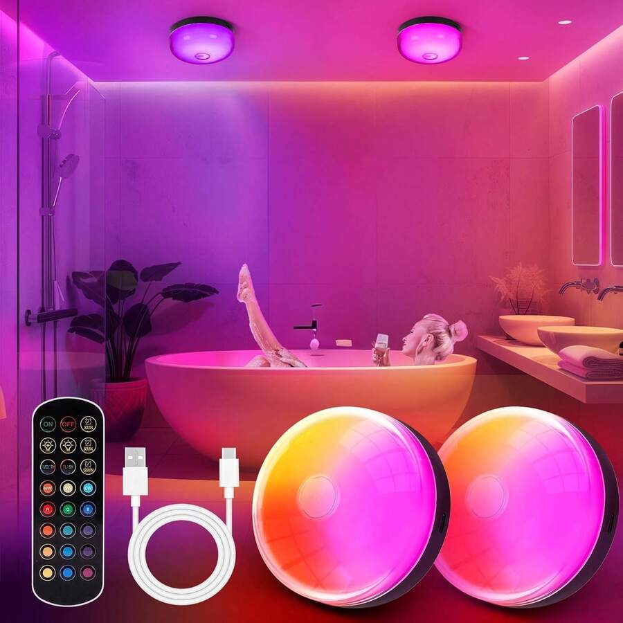 2-Pack Rechargeable Shower Lights For Inside Shower, 15 RGBW Color Changeable Waterproof Lights For Shower With Remote(Dimmable&Timer), Wireless LED Mood Lighting For Bathroom, Closet, Bedroom, Party - 2 chiếc RGB - Xem 1