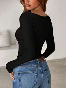 两件套，纯色针织罗纹长袖T恤，女士款，黑白配色，舒适修身休闲上衣，适合秋冬季穿着 - 彩色 - 查看 6