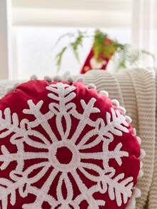 1 Stück Weihnachts-Rot Schneeflocke bestickte runde Kissenbezug, geeignet für Inneneinrichtung, Weihnachtsdekokissenbezug, Kissenfüllung nicht enthalten
