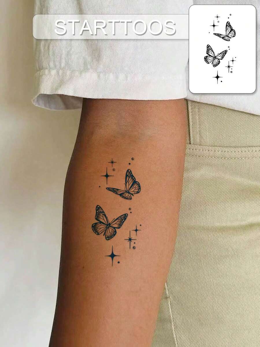 Tatuaggi temporanei a base di ingredienti vegetali naturali, adesivi per tatuaggi semi-permanenti, tatuaggi minimalisti, motivi a farfalla e stelle, tatuaggi finti, adatti per feste quotidiane e regali per le vacanze, decorazione per il corpo per 1-2 settimane, senza sbiadimento o riflessi, per mani, spalle, collo, clavicola, orecchie, impermeabili e realistici, adesivi per tatuaggi temporanei per il corpo