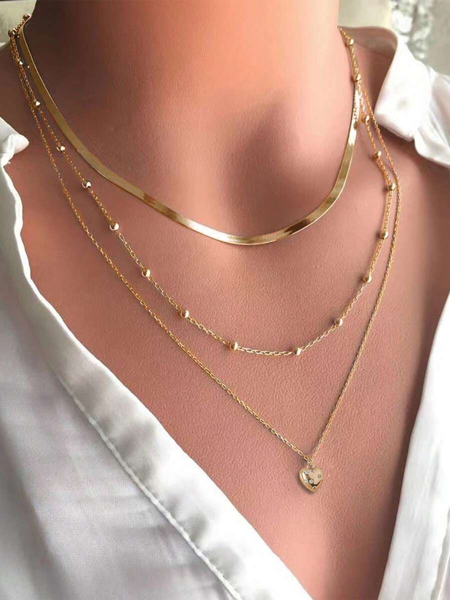 Tkool Bộ 3 dây chuyền hạt nhiều lớp bằng thép không gỉ & dây chuyền áo len dài thiết kế đa năng dành cho nữ (Dây chuyền & hạt ngẫu nhiên) - Vàng - Xem 1