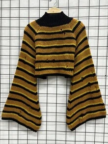 Suéter de punto con cuello alto, manga larga acampanada, rayas y desgaste para mujer, para otoño/invierno - Mostaza Amarilla - Ver 2