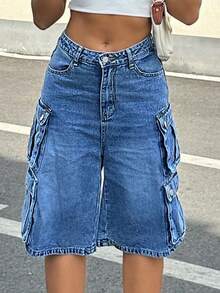 女式中蓝色牛仔裤 - 中腰宽松工装风格休闲街头日常牛仔裤 - 中等水洗藍 - 查看 4