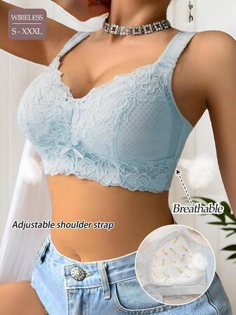 1pc Blue Lace Women's Wireless Bra, Lightweight Breathable Quick-Dry Lift & Support, Adjustable 4-Hook Closure, Sexy Full Coverage Bridal Lingerie