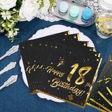 Gold-Stamped 18th Birthday Happy Patterned Tissue Paper. Disposable Printed Table Napkins For Party And Gathering, 20 Pieces.