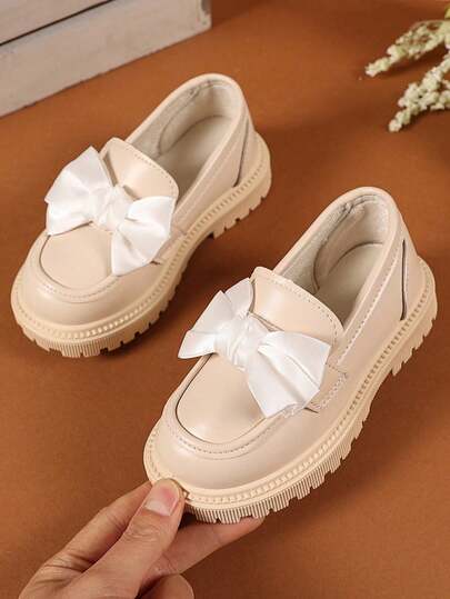 Exquisite & Fashionable Children's Genuine Leather Loafers With Large Satin Bow Decor, Thick Sole Design For Ultimate Comfort