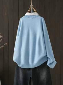 كنزة صوفية كاجوال فضفاضة مصنوعة من الصوف المنسوج بنمط كابل مجدول بياقة دائرية وأكمام طويلة منسدلة للمرأة البدينة - أزرق فاتح اللون - مشاهدة 2