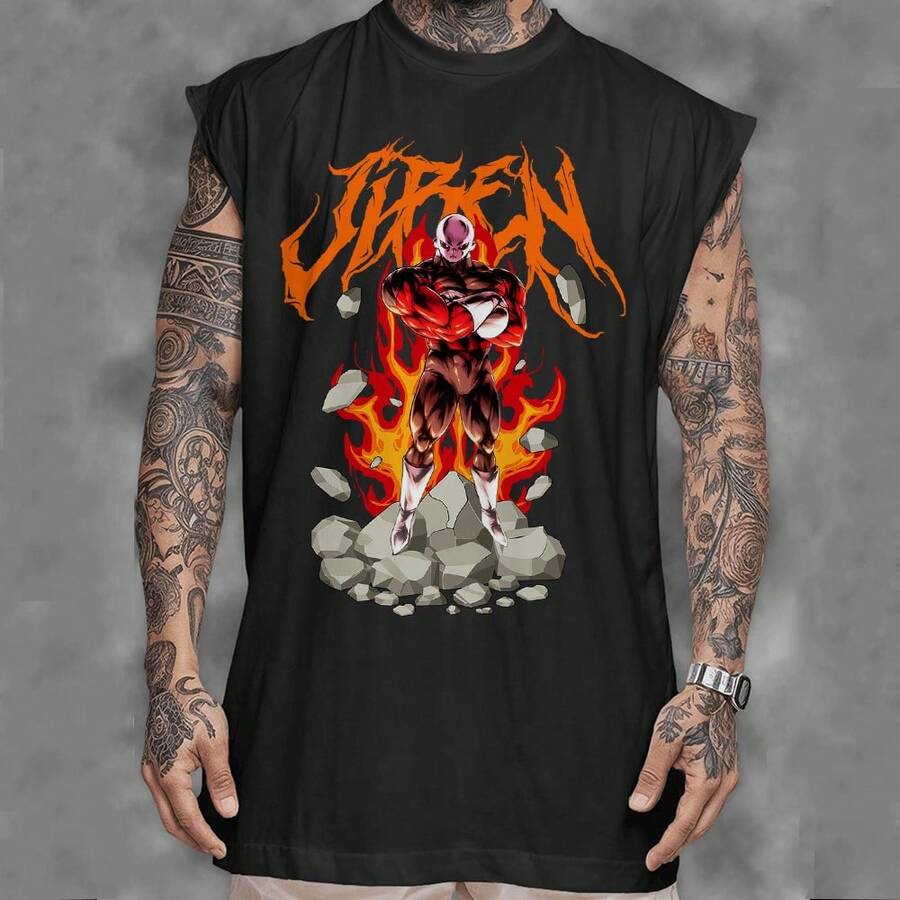 Camiseta regata machao oversized masculino anime jiren dbz fire rock streetwear em algodao unissex Longline