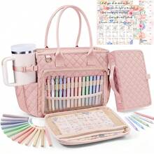 Large Bible Bag With Bible Cover Case For Women, Quilted Church Tote Bag Bible Carrying Case W/Shoulder Strap, Bible Study Supplies Journaling Kit Bible Accessories Mothers Day Christian Gifts For Women Mom Her - Pink - View 2