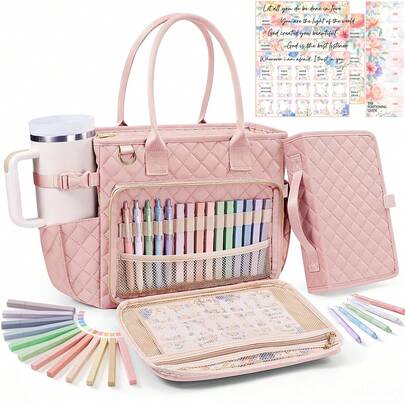 Large Bible Bag With Bible Cover Case For Women, Quilted Church Tote Bag Bible Carrying Case W/Shoulder Strap, Bible Study Supplies Journaling Kit Bible Accessories Valentines Day Christian Gifts For Women Her