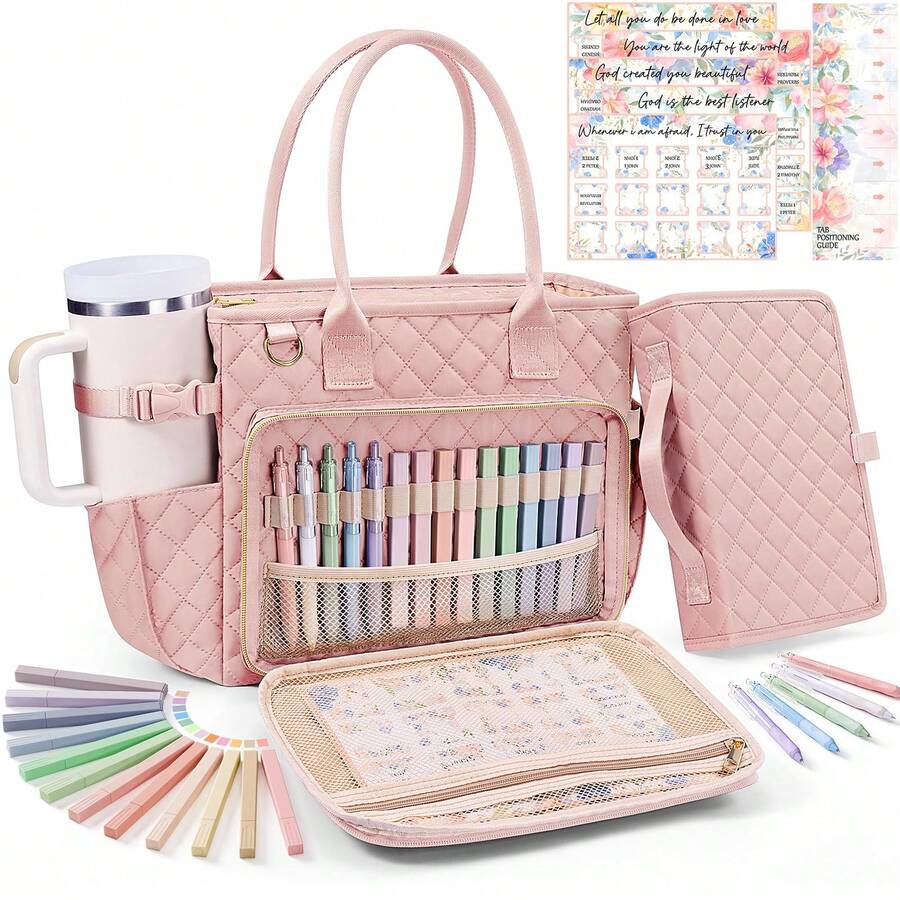 Large Bible Bag With Bible Cover Case For Women, Quilted Church Tote Bag Bible Carrying Case W/Shoulder Strap, Bible Study Supplies Journaling Kit Bible Accessories Mothers Day Christian Gifts For Women Mom Her