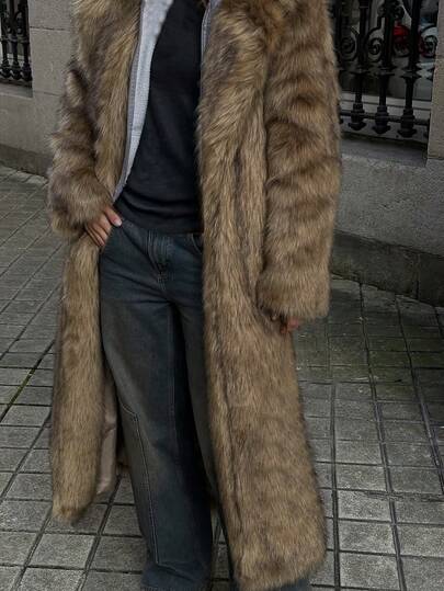 Men's Faux Fur Hooded Loose Long Coat, Winter Outerwear, Fall