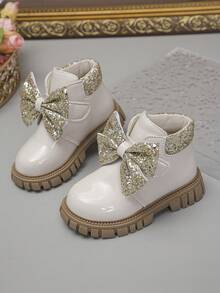 1 Pair Children's Fashion New Smooth PU Material Design Easy To Wear, Bow Decor, Non-Slip Soft Durable Outsole Chelsea Boots, Suitable For Girls To Wear To School, Outdoor, Home, Spring, Summer, Autumn