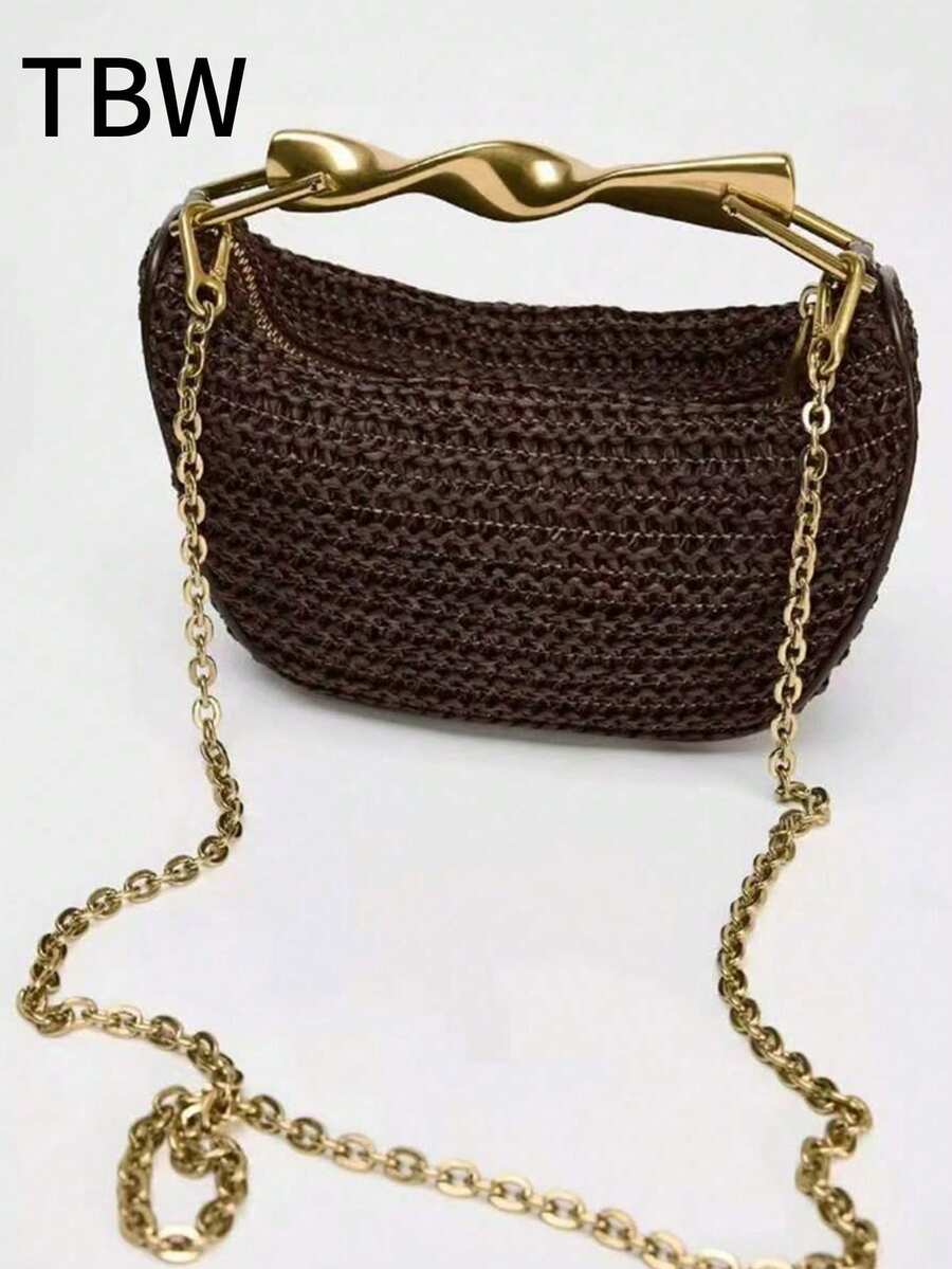 1pc Women's Niche Design Fashion Versatile High-End Metallic Woven Handbag, Elegant Vintage Shoulder/Crossbody Bag - Coffee - View 1