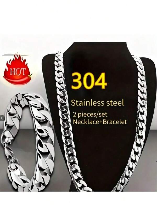 Conjunto de 2 peças/colar e pulseira de aço inoxidável unissex cubano - joias de casal ousadas e ousadas de hip hop, punk rock e NK