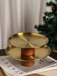 1 pieza Soporte para pastel de acero inoxidable con base de madera, plato para exhibir postres, bandeja multifuncional para frutas, adecuado para decoración de mesa de comedor, uso doméstico y de cocina, apto para el Ramadán - Dorado - Ver 6
