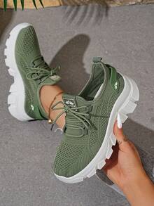 "Export Platform Round Toe Slip-On Sports Shoes Women 2025 Summer Large Size Breathable Running Shoes Soft Sole Casual Lace-Up Lightweight Women" - Green - View 17