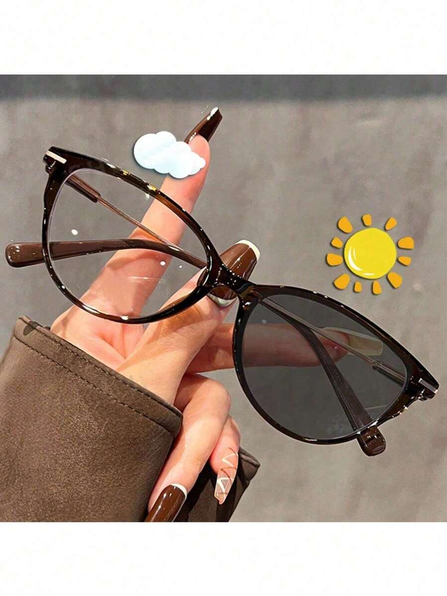 1 件女士复古猫眼框架变色眼镜透明镜片时尚眼镜不锈钢小号窄框，女士简约全框 PC 镜片眼镜，适合所有季节，含眼镜盒 - 彩色 - 查看 1